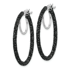 Sterling Silver Rhodium/Black Glitter Enamel 2x30mm Hoop Earrings