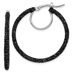 Sterling Silver Rhodium/Black Glitter Enamel 2x30mm Hoop Earrings