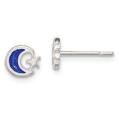 Sterling Silver Polished Blue Enamel Moon & Star Children's Post Earrings