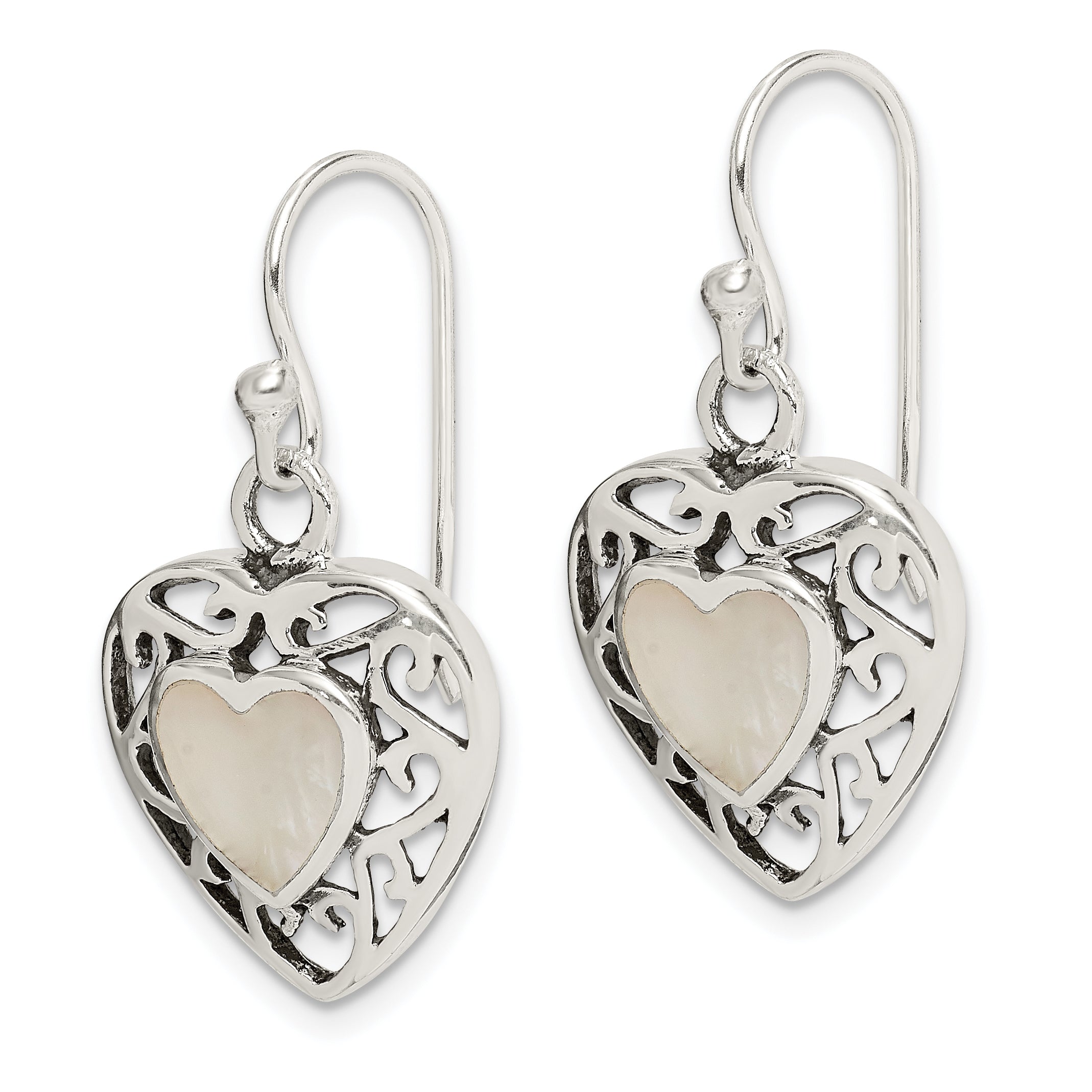 Sterling Silver Antiqued Mother of Pearl Heart Dangle Earrings