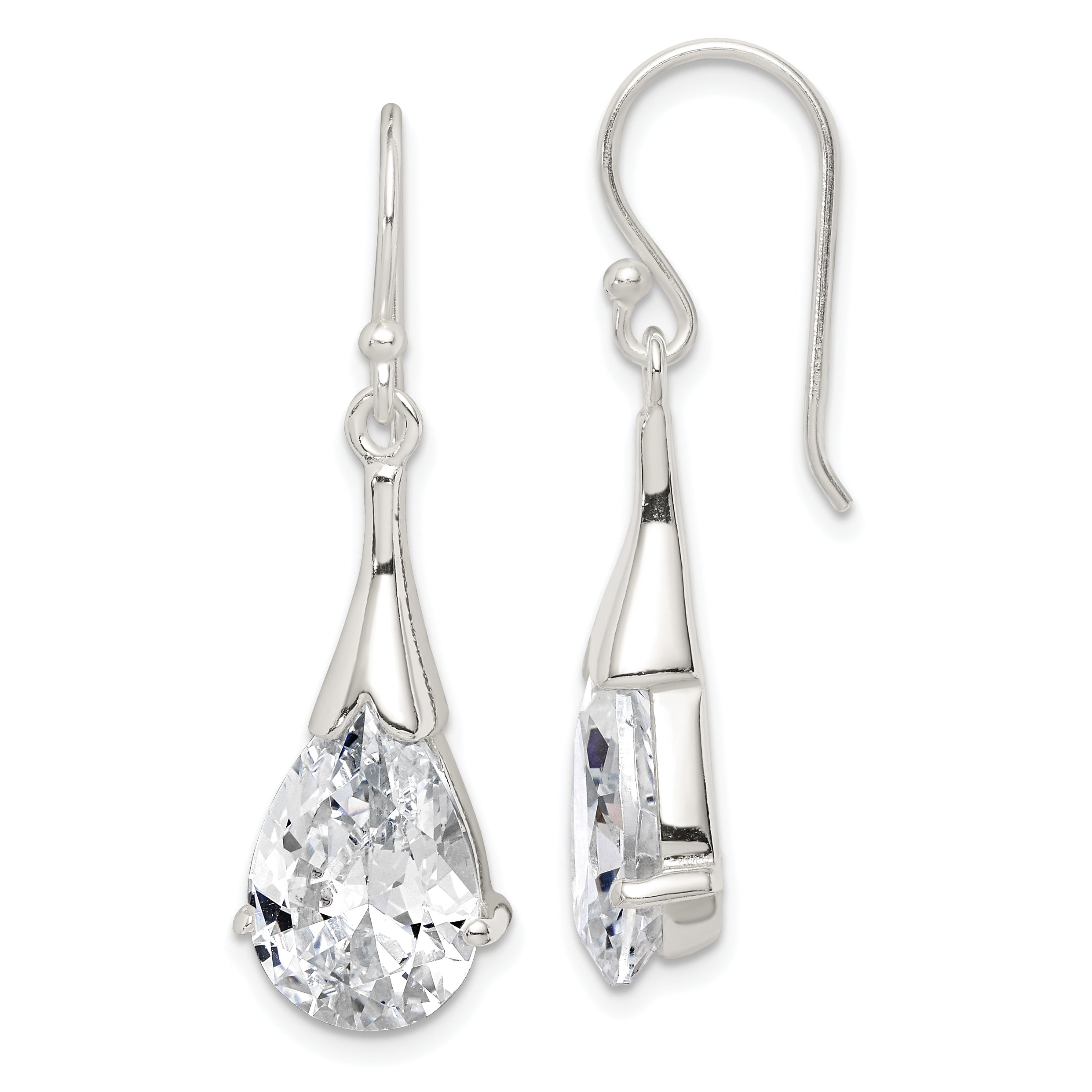 Sterling Silver Polished CZ Teardrop Dangle Earrings