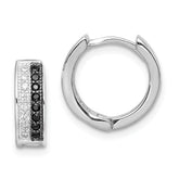 Sterling Silver RH-plated Black & White CZ Hinged Round Hoop Earrings