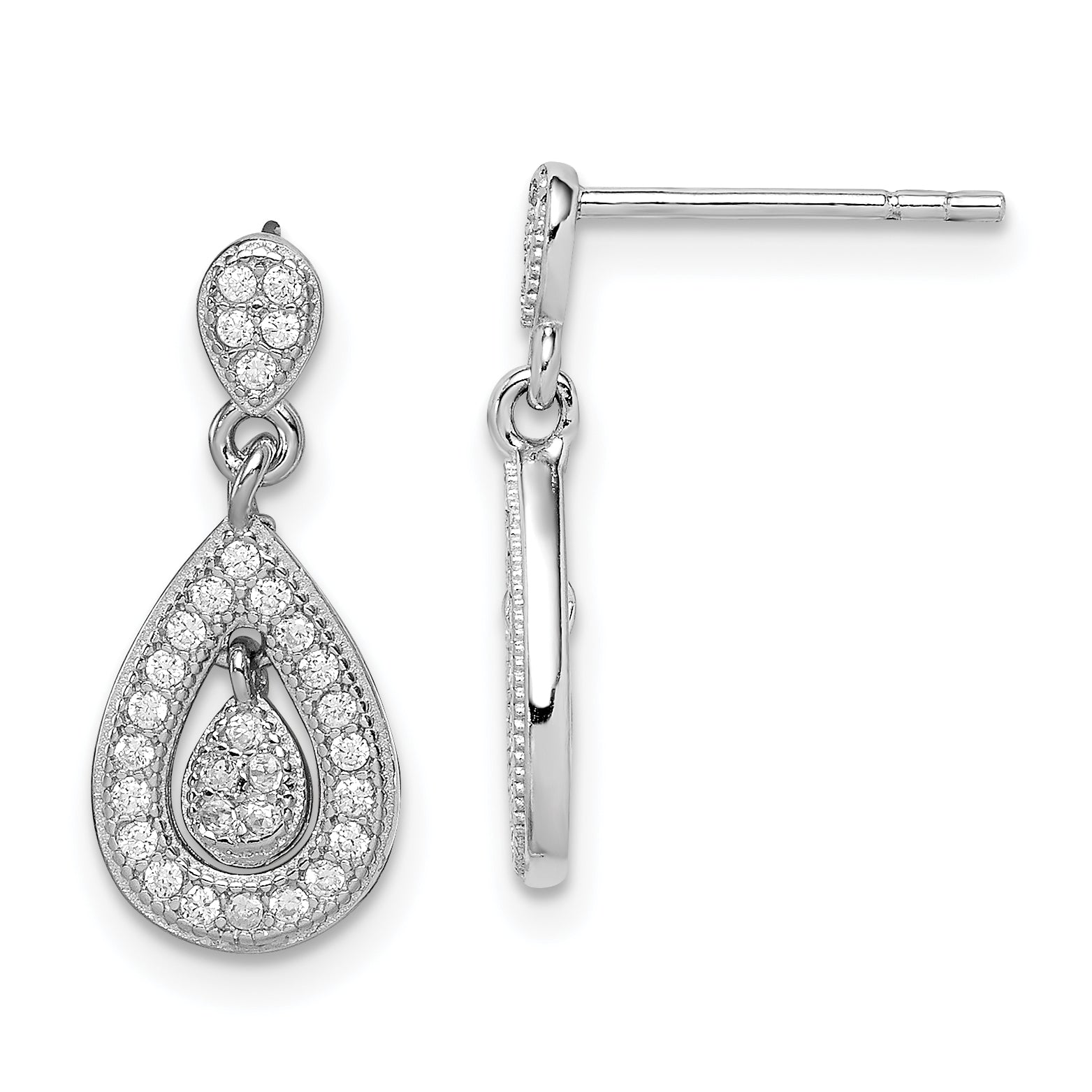 Sterling Silver Rhodium-plated CZ Pav‚ Pear Dangle Post Earrings