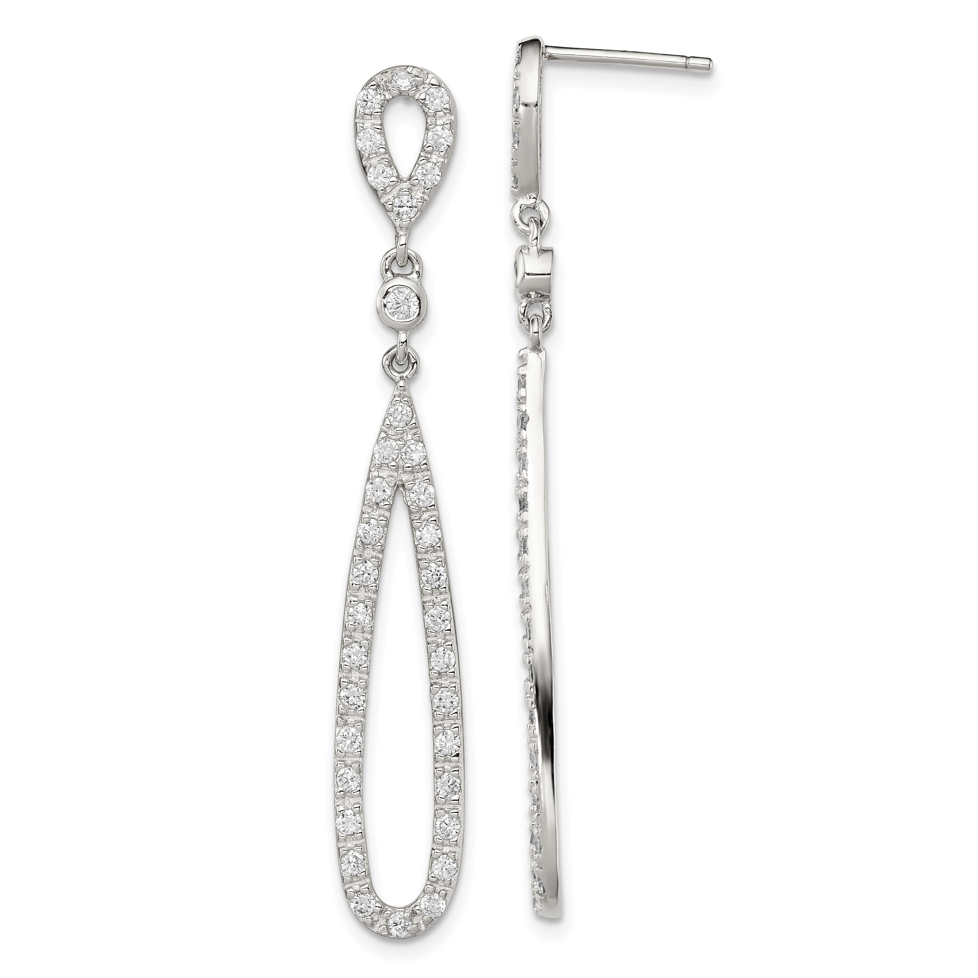 Sterling Silver Rhodium-plated Polished CZ Teardrop Post Dangle Earrings