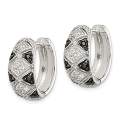 Sterling Silver Black/White Rhod-plated CZ Hinged Oval Hoop Earrings