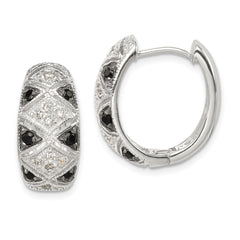 Sterling Silver Black/White Rhod-plated CZ Hinged Oval Hoop Earrings
