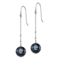 Sterling Silver Rhodium-plated Polished 9-10mm Black Freshwater Cultured Pearl Dangle Earrings