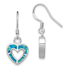 Sterling Silver RH-plated Blue Created Opal Inlay Heart Dangle Earrings