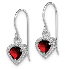Sterling Silver Rhodium Plated Garnet Small Heart Earrings