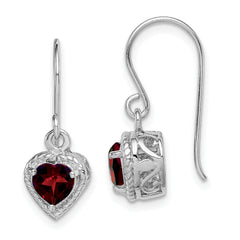 Sterling Silver Rhodium Plated Garnet Small Heart Earrings