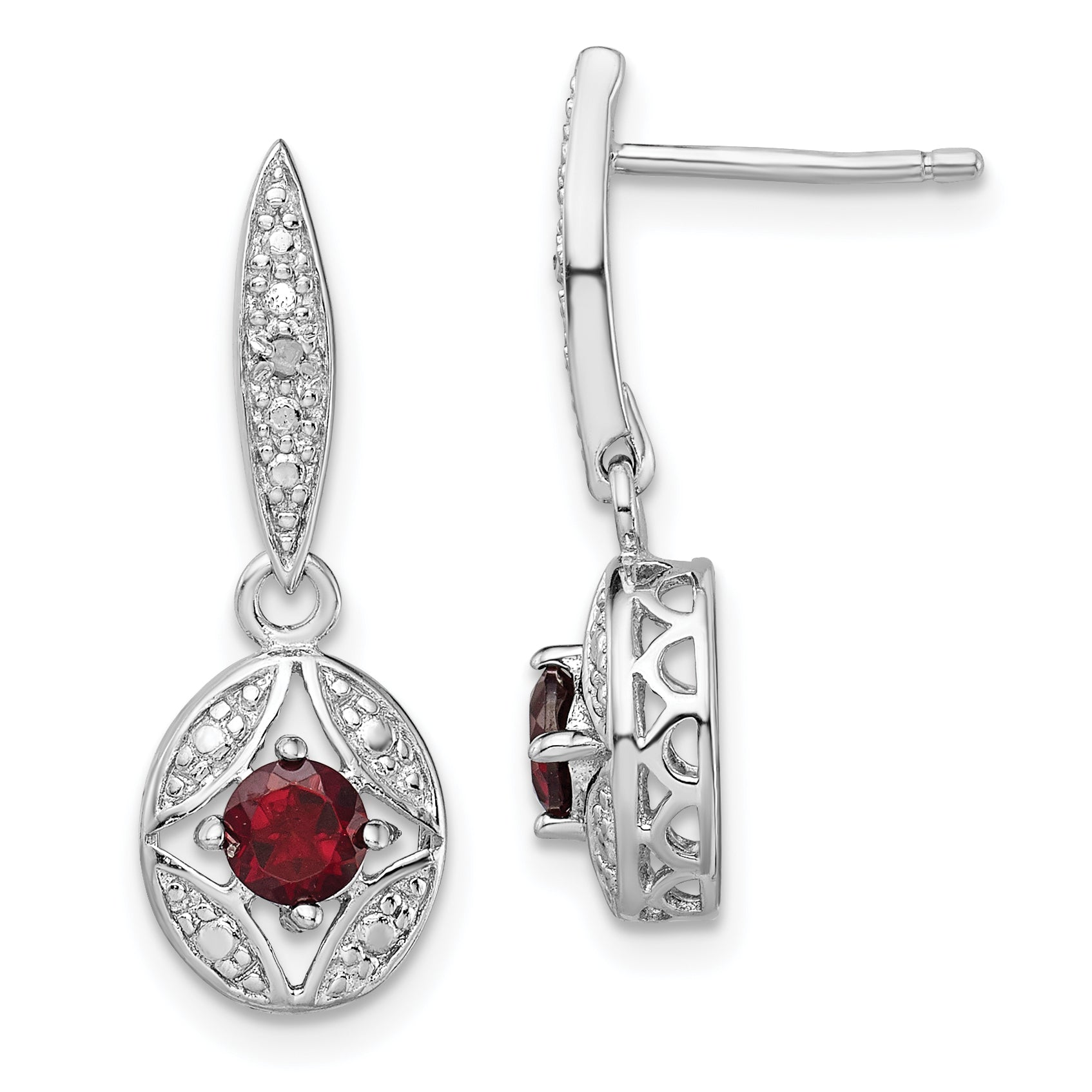 Sterling Silver Rhodium-plated Garnet and Diamond Dangle Earrings