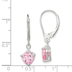 Sterling Silver Polished Pink CZ Heart Leverback Dangle Earrings
