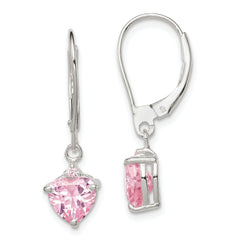 Sterling Silver Polished Pink CZ Heart Leverback Dangle Earrings