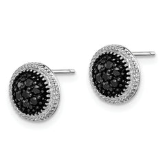 Sterling Silver RH-plated Polished & Textured Black CZ Round Post Earrings