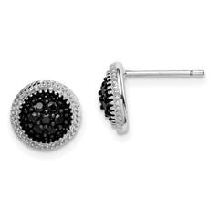 Sterling Silver RH-plated Polished & Textured Black CZ Round Post Earrings