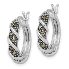 Sterling Silver Rhodium-plated Antiqued Swirl Hoop Marcasite Earrings