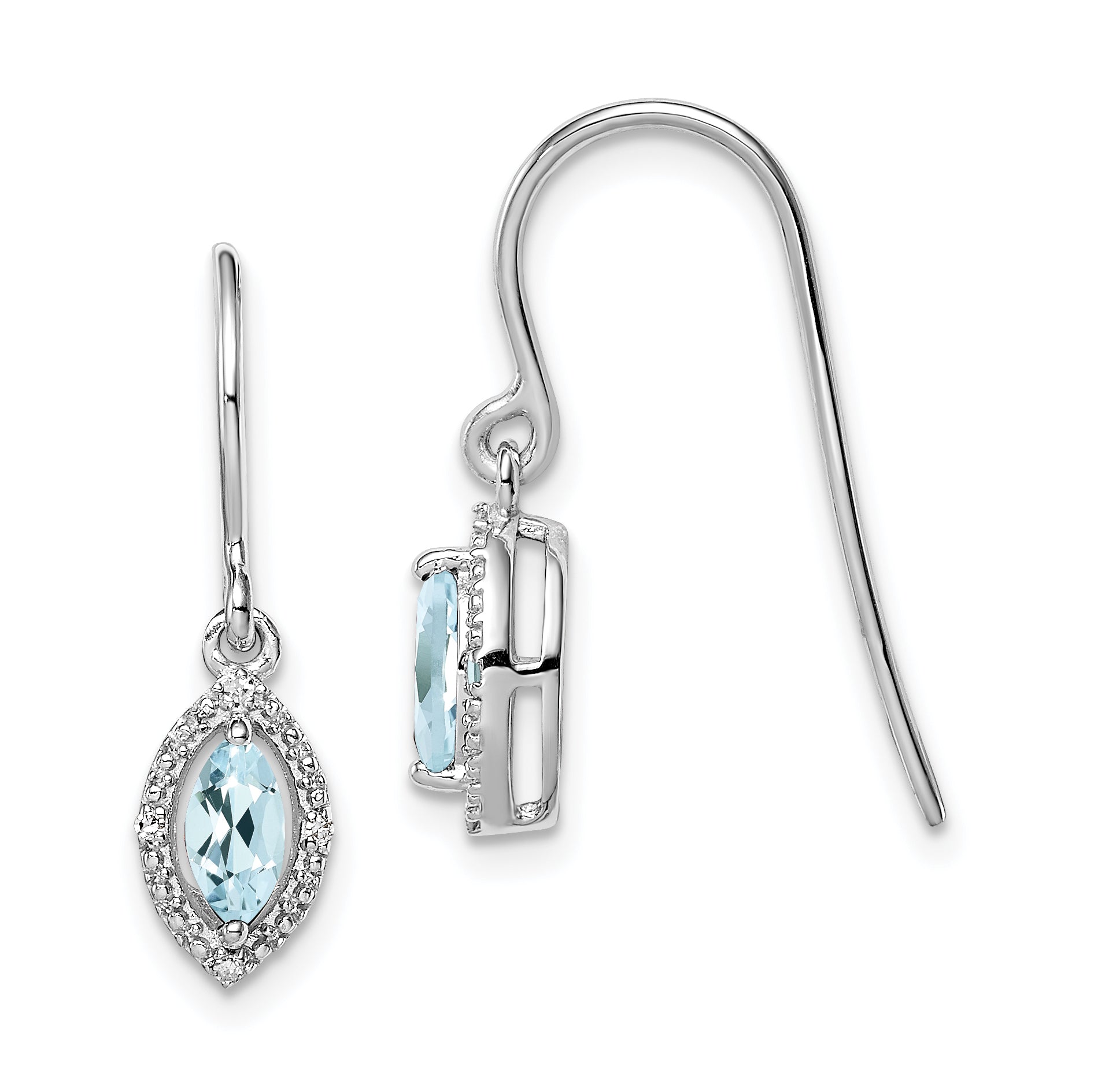 Sterling Silver Rhodium-plated Diamond and Aquamarine Earrings
