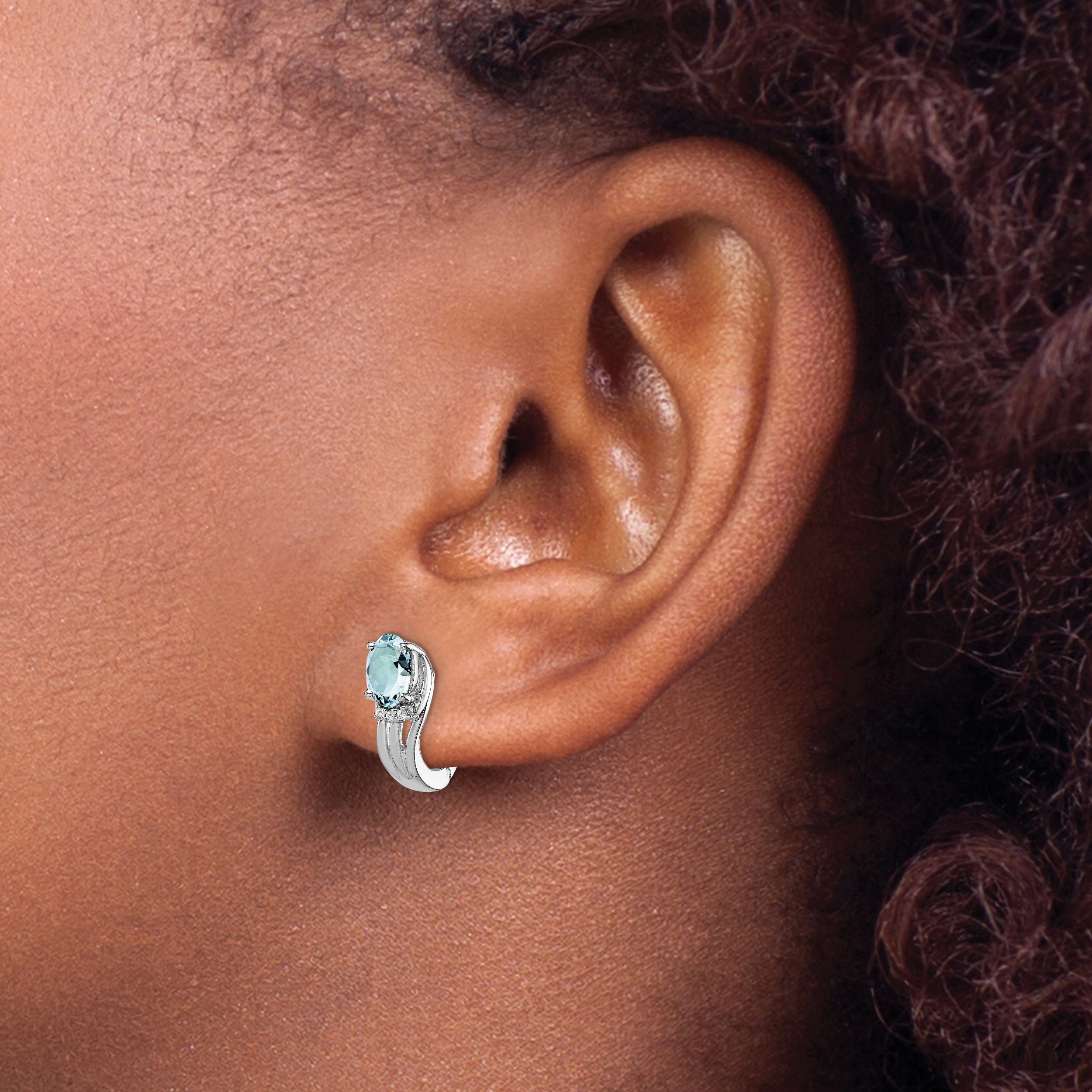 Sterling Silver Rhodium Plated Dia. Aquamarine Hinged Earrings
