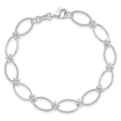 Sterling Silver Polished Textured Fancy Oval Link Bracelet