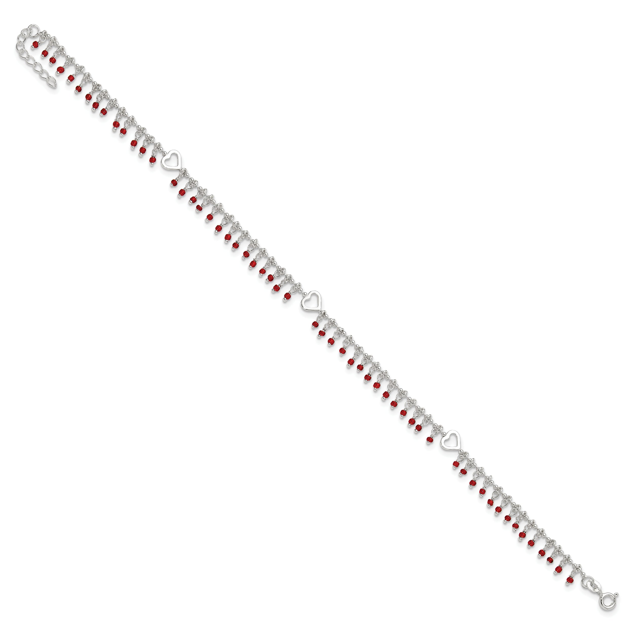 Sterling Silver Red Beads 10in Plus 1in Ext. Anklet