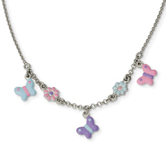 Sterling Silver Polished Enameled Floral & Butterfly Necklace