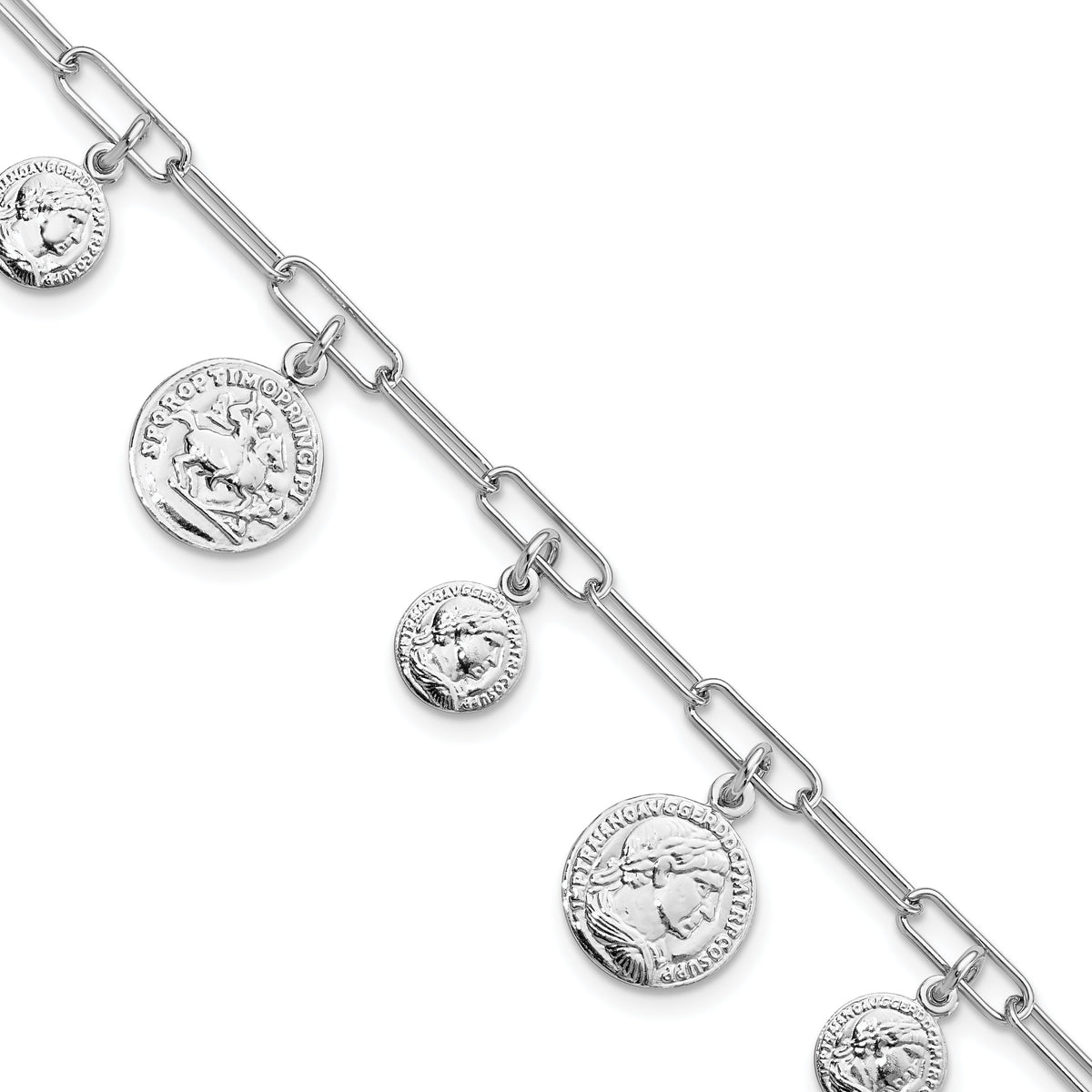 Sterling Silver Rhodium-plated Polished Coin Charm w/ 1in ext. Bracelet