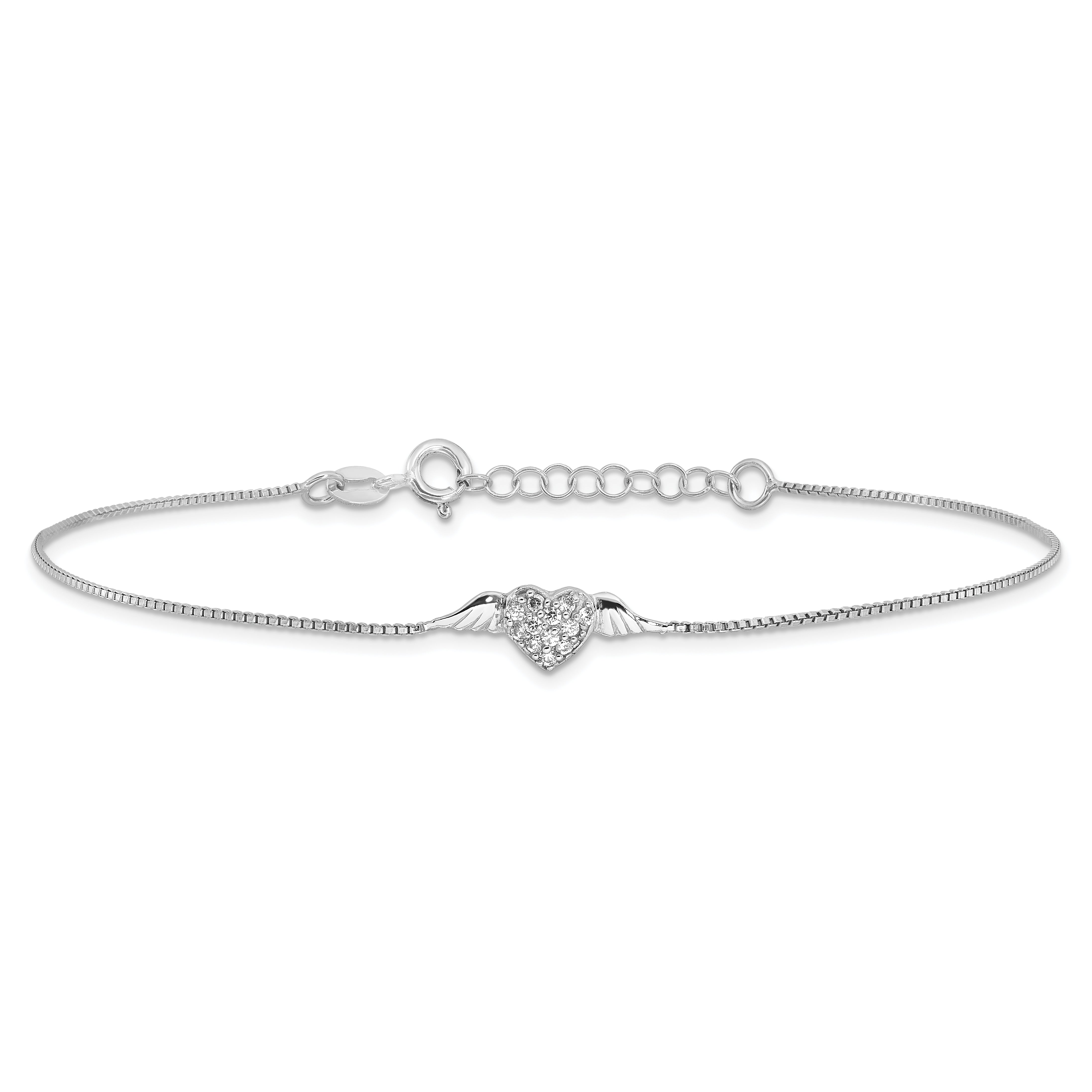 Sterling Silver Rhodium-plated CZ Heart w/Wings 9in Plus 1in ext Anklet