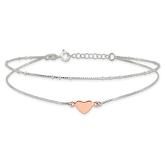 Sterling Silver Rose Tone 2-Strand Heart 9in Plus 1in ext. Anklet
