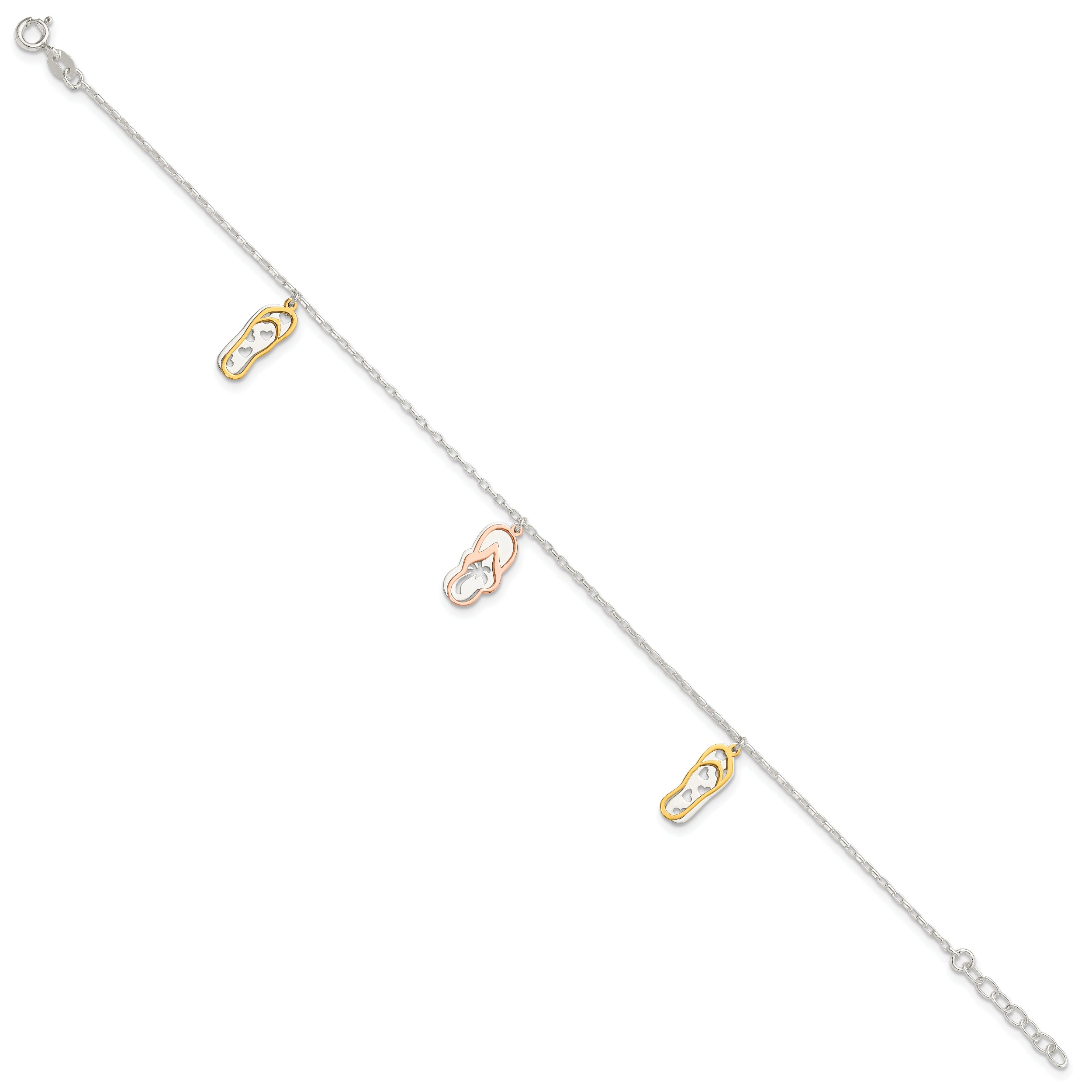 Sterling Silver with Rose and Gold-Tone Flip Flops 9in Plus 1in ext Anklet