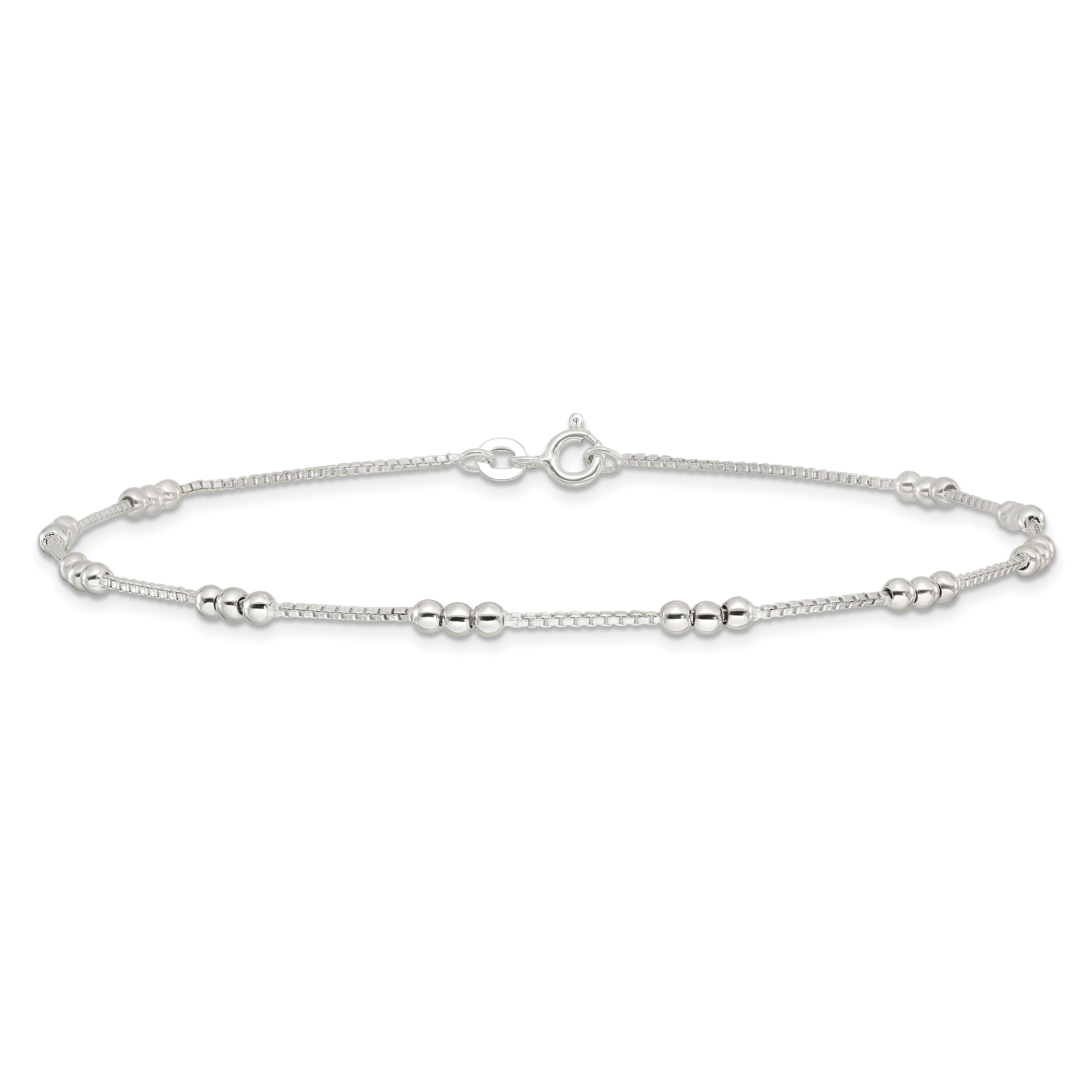 Sterling Silver Polished Beaded Box 10in Anklet