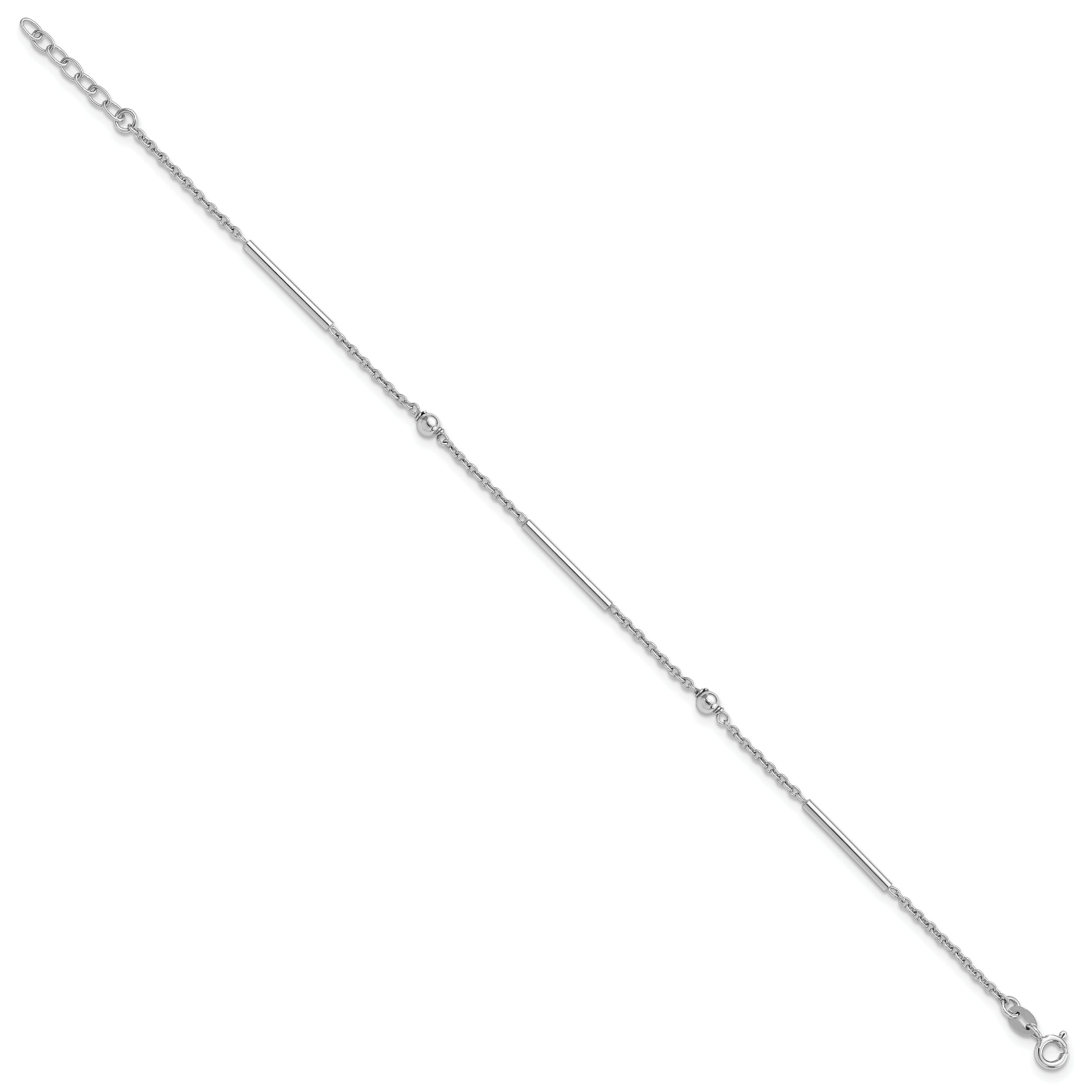 Sterling Silver Rhodium-plated Bars and Beads 9in Plus 1in ext Anklet