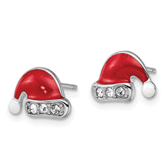 Sterling Silver Madi K Rhodium-plated Polished Red & White Enameled & Crystal Santa Hat Children's Post Earrings