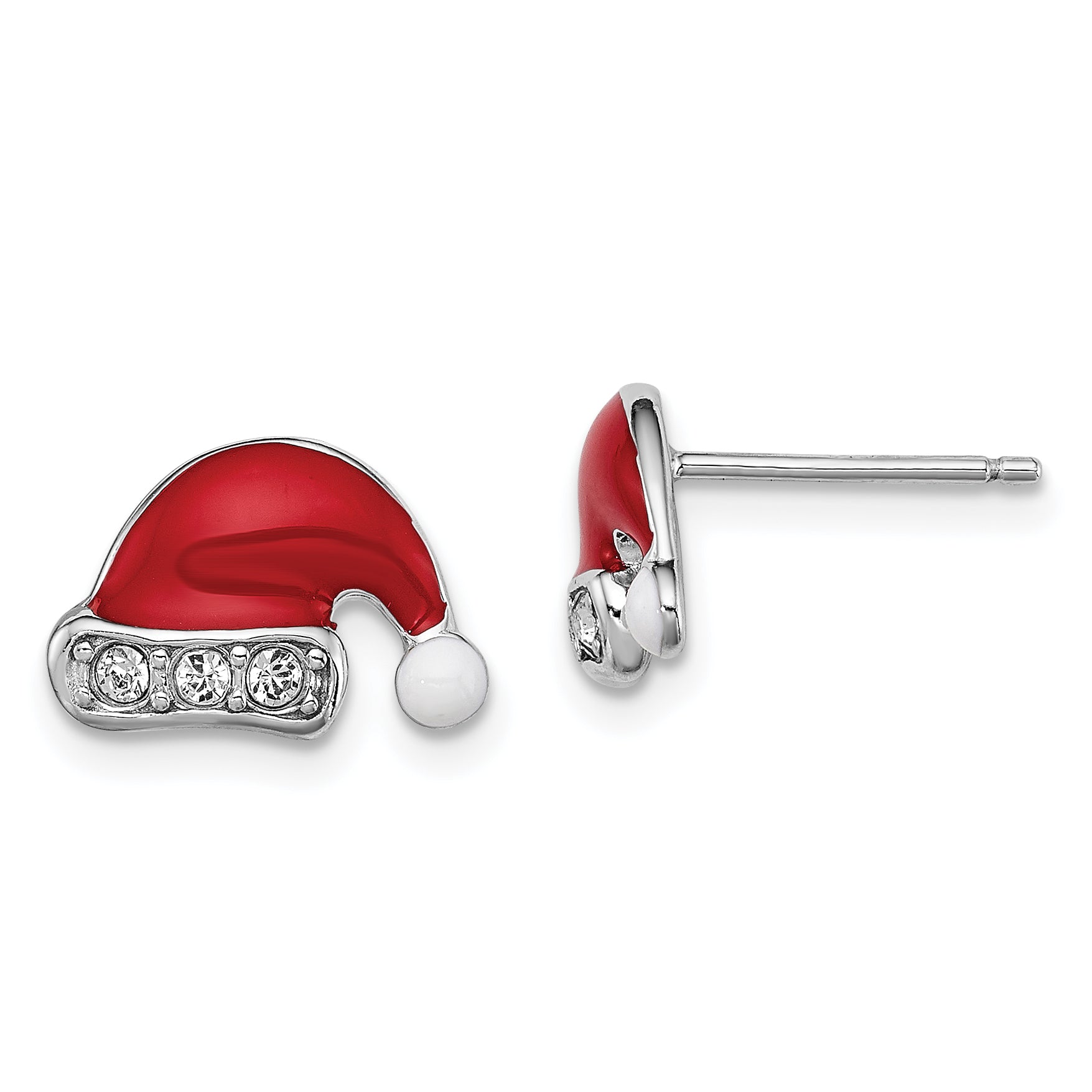 Sterling Silver Madi K Rhodium-plated Polished Red & White Enameled & Crystal Santa Hat Children's Post Earrings
