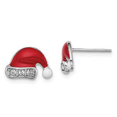 Sterling Silver Madi K Rhodium-plated Polished Red & White Enameled & Crystal Santa Hat Children's Post Earrings