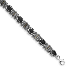 Sterling Silver Rhodium-plated Marcasite and Onyx 7.25 inch Bracelet