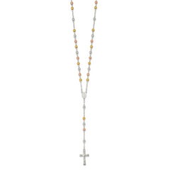 Sterling Silver Tri-Color Rosary Necklace with Polished Finish, 26-Inch