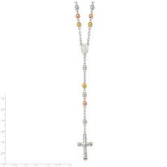Sterling Silver Tri-Color Rosary Necklace with Polished Finish, 26-Inch