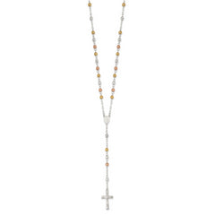 Sterling Silver Tri-color Rosary Necklace with Gold-Plated Polished Beads