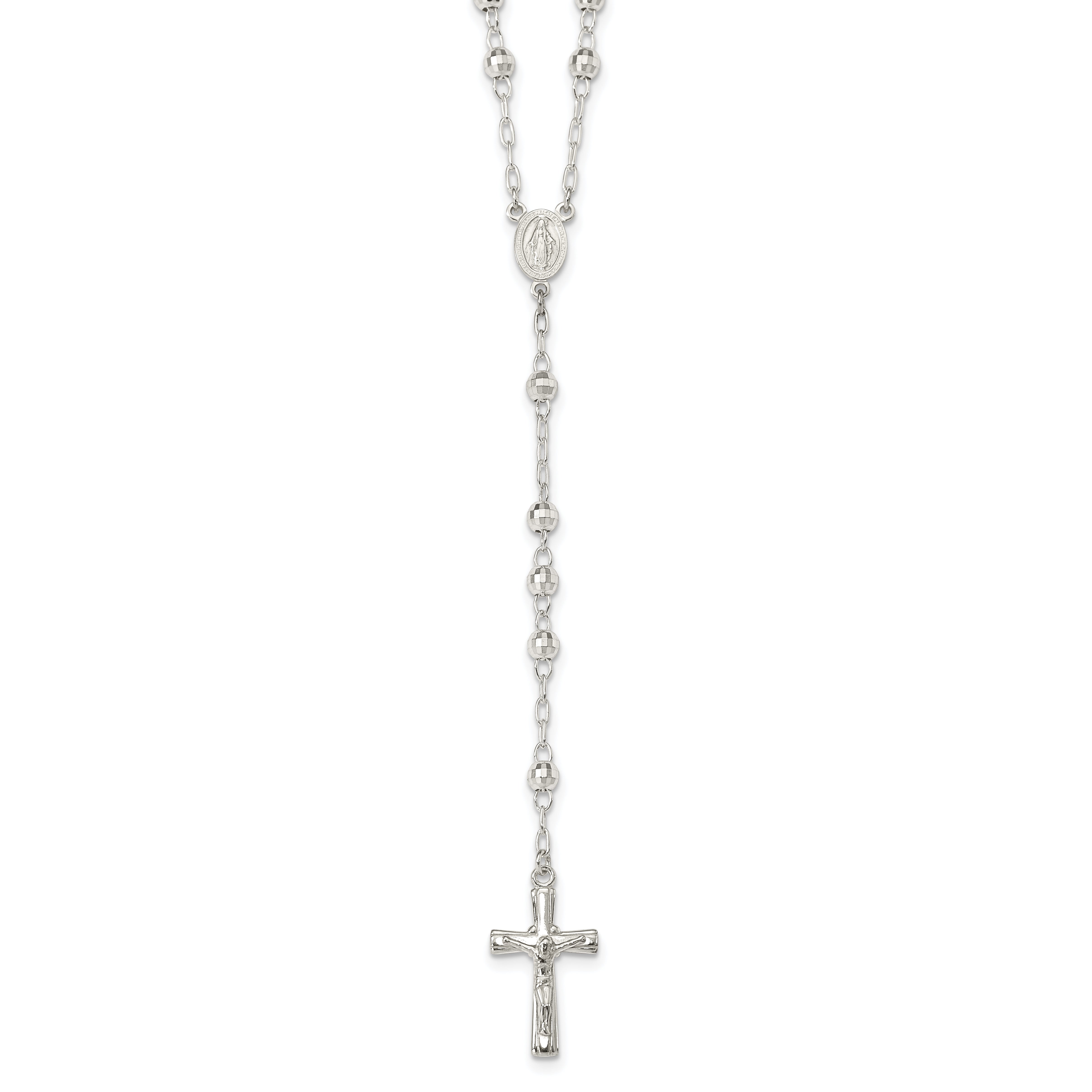 Sterling Silver Polished and Textured Bead Rosary 26 inch Necklace
