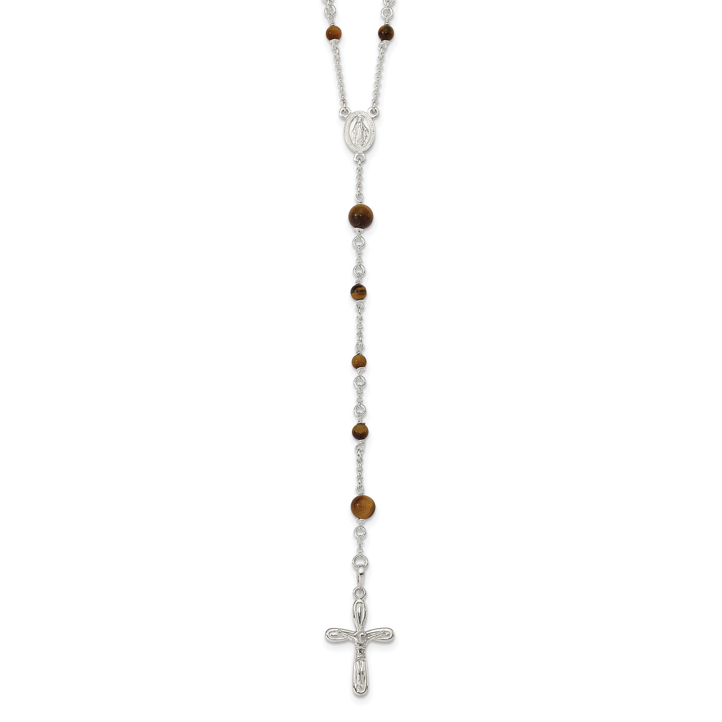 Sterling Silver Polished Tiger Eye Bead Rosary 33 inch Necklace