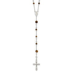 Sterling Silver Polished Tiger Eye Bead Rosary 33 inch Necklace