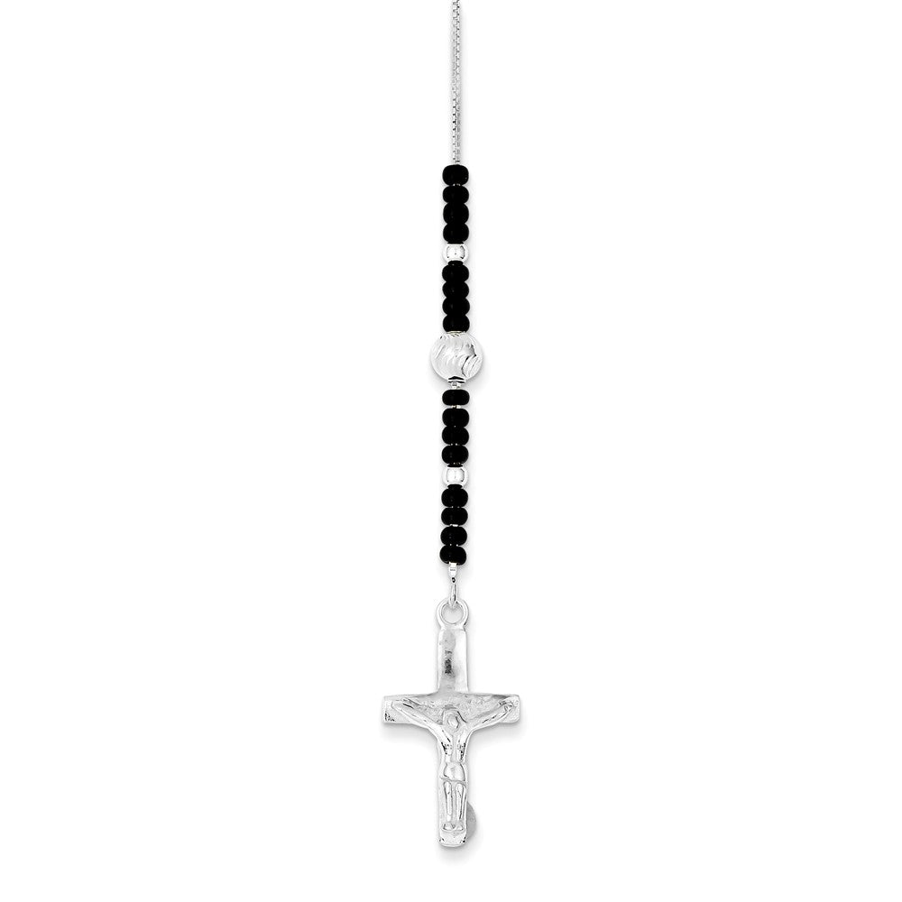 Sterling Silver Enameled & Black Glass Bead Rosary Necklace