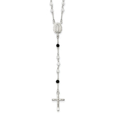 Sterling Silver Polished and Black Crystal Bead Rosary 23.5 inch Necklace