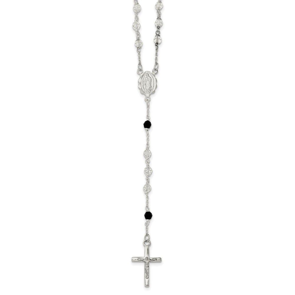 Sterling Silver Polished Black Crystal Rosary Necklace