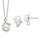 Sterling Silver Rhodium-plated 8-10mm FWC Pearl CZ Earring/Necklace Set