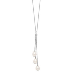 Sterling Silver Rhodium-Plated Pearl CZ Drop Necklace with Elegant Finish