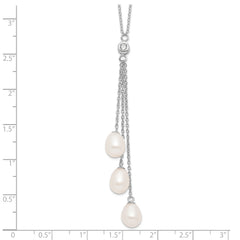 Sterling Silver Rhodium-Plated Pearl CZ Drop Necklace with Elegant Finish