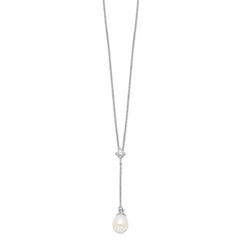 Sterling Silver 925 Polished Pearl CZ Drop Necklace Elegant Women's Jewelry
