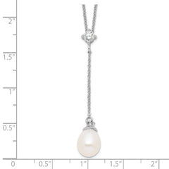 Sterling Silver 925 Polished Pearl CZ Drop Necklace Elegant Women's Jewelry