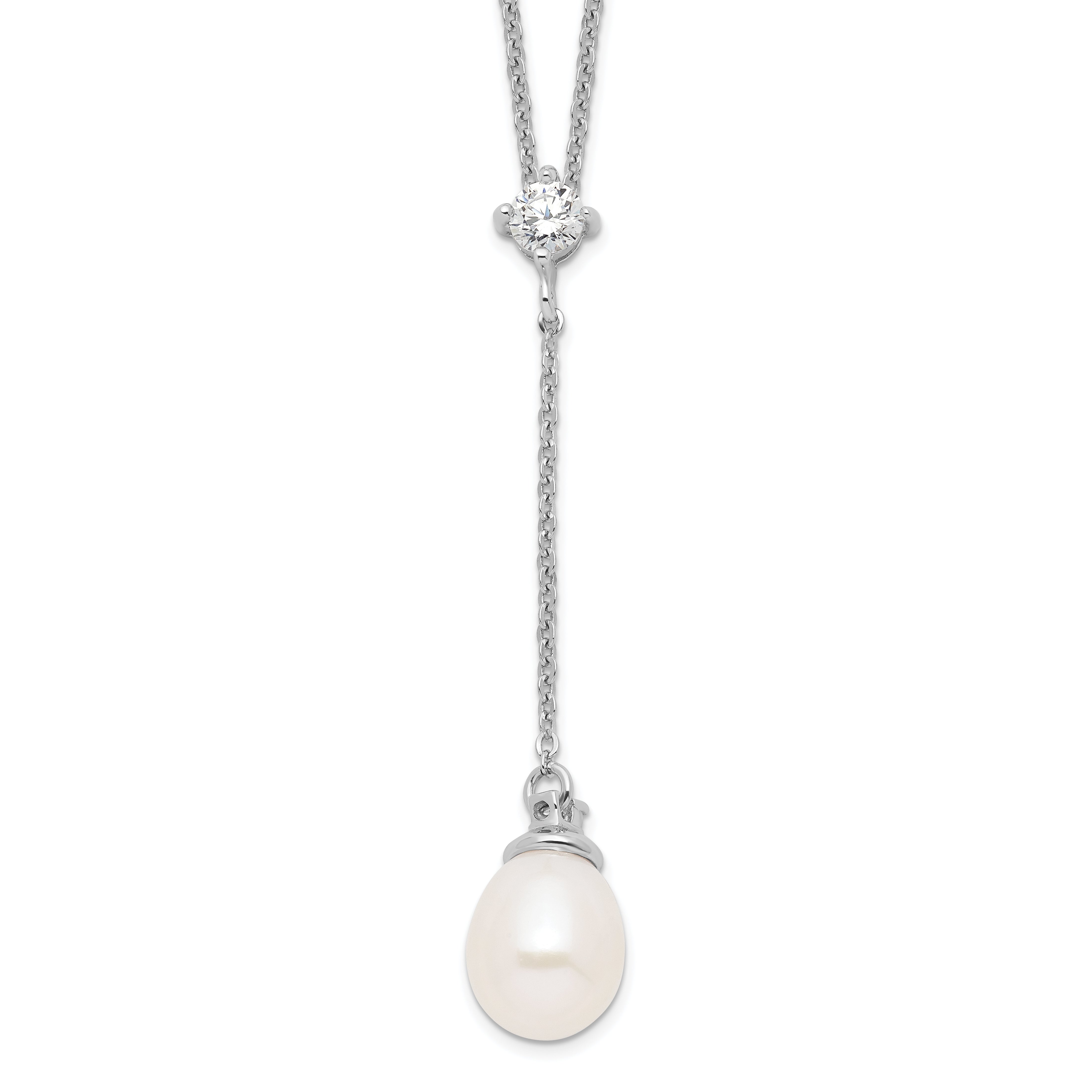 Sterling Silver Rhodium-plated 8-9mm White FWC Pearl CZ Drop Necklace